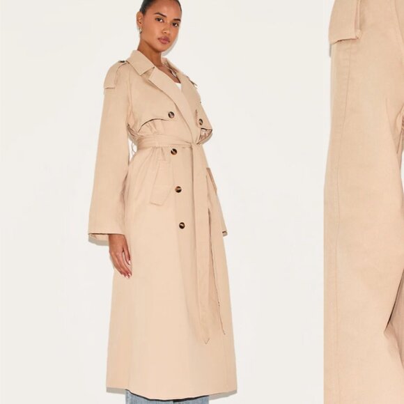 NWT Prettylittlething Plus size Khaki Panel Detail Belted Trench Coat. - Picture 3 of 8